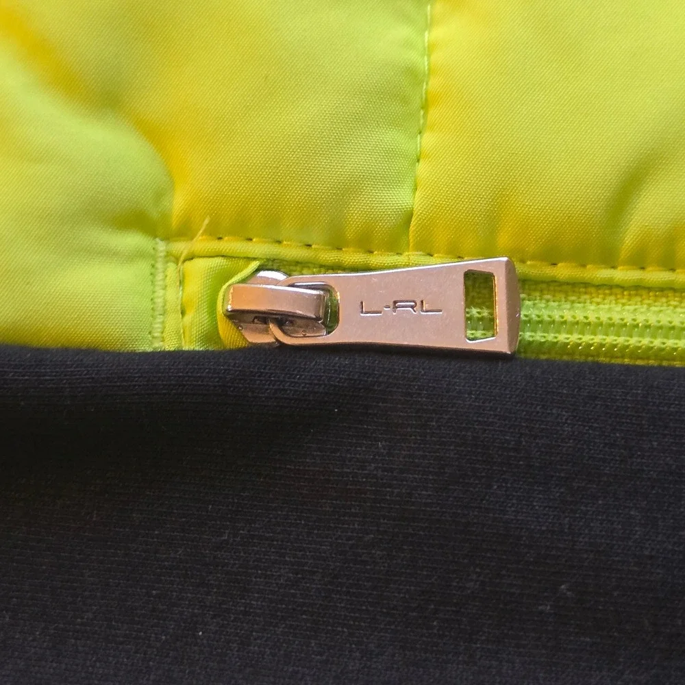 LRL Lauren Ralph‎ Lauren Neon Green Black Zip Up Quilted Vest Size XL READ